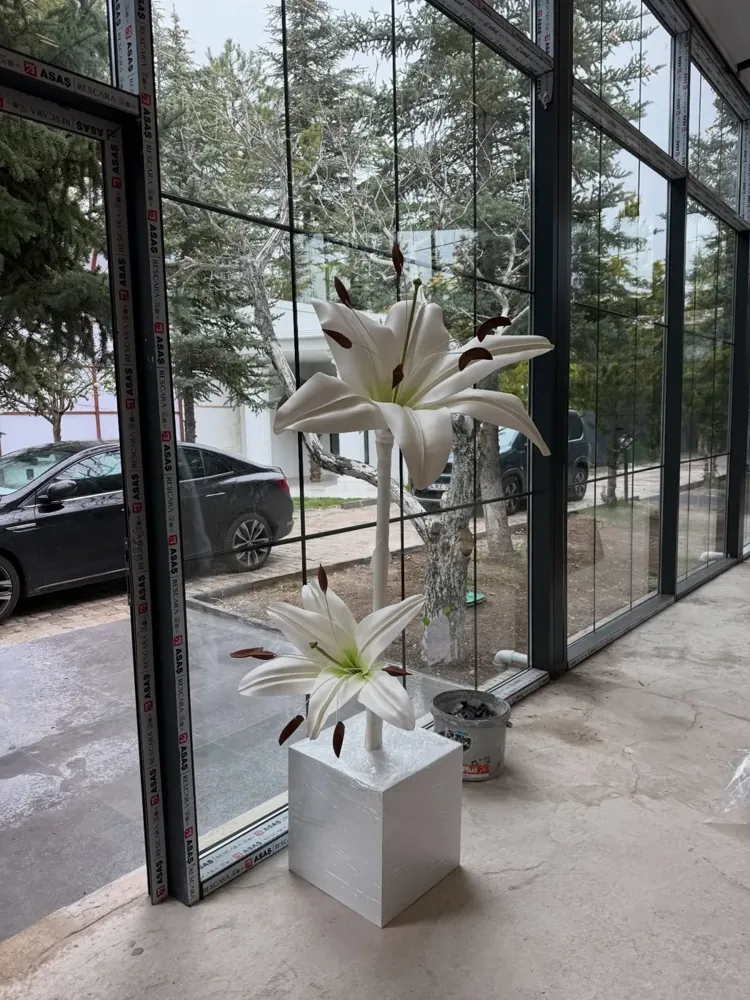Mağaza girişinde beyaz küp üzerinde dev lilyumlar